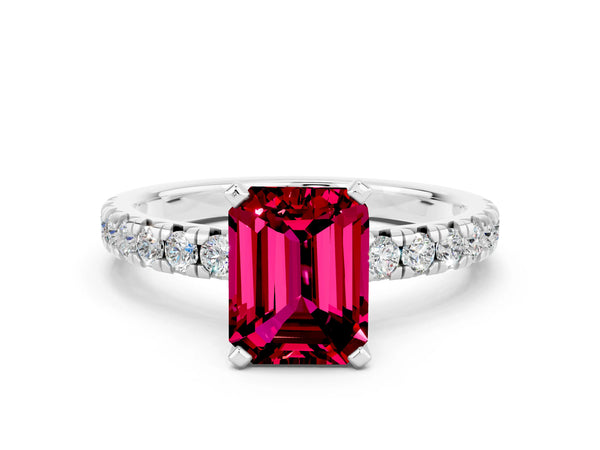 Platinum Emerald Cut Garnet Solitaire Pavé Engagement Ring with Round Band and Prong Setting