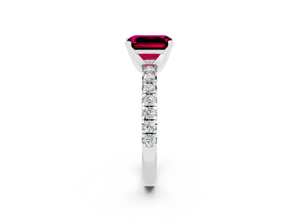 Platinum Emerald Cut Garnet Solitaire Pavé Engagement Ring with Round Band and Prong Setting
