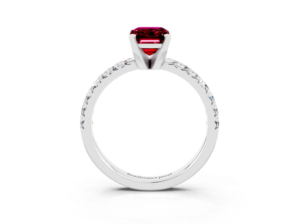 Platinum Emerald Cut Garnet Solitaire Pavé Engagement Ring with Round Band and Prong Setting