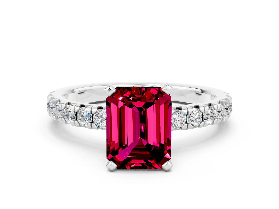 White gold Emerald Cut Garnet Solitaire Pavé Engagement Ring with Round Band and Prong Setting_60