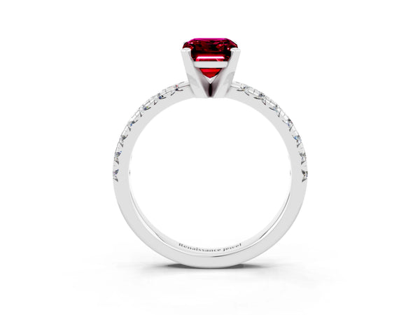 Platinum Emerald Cut Garnet Solitaire Pavé Engagement Ring with Round Band and Prong Setting