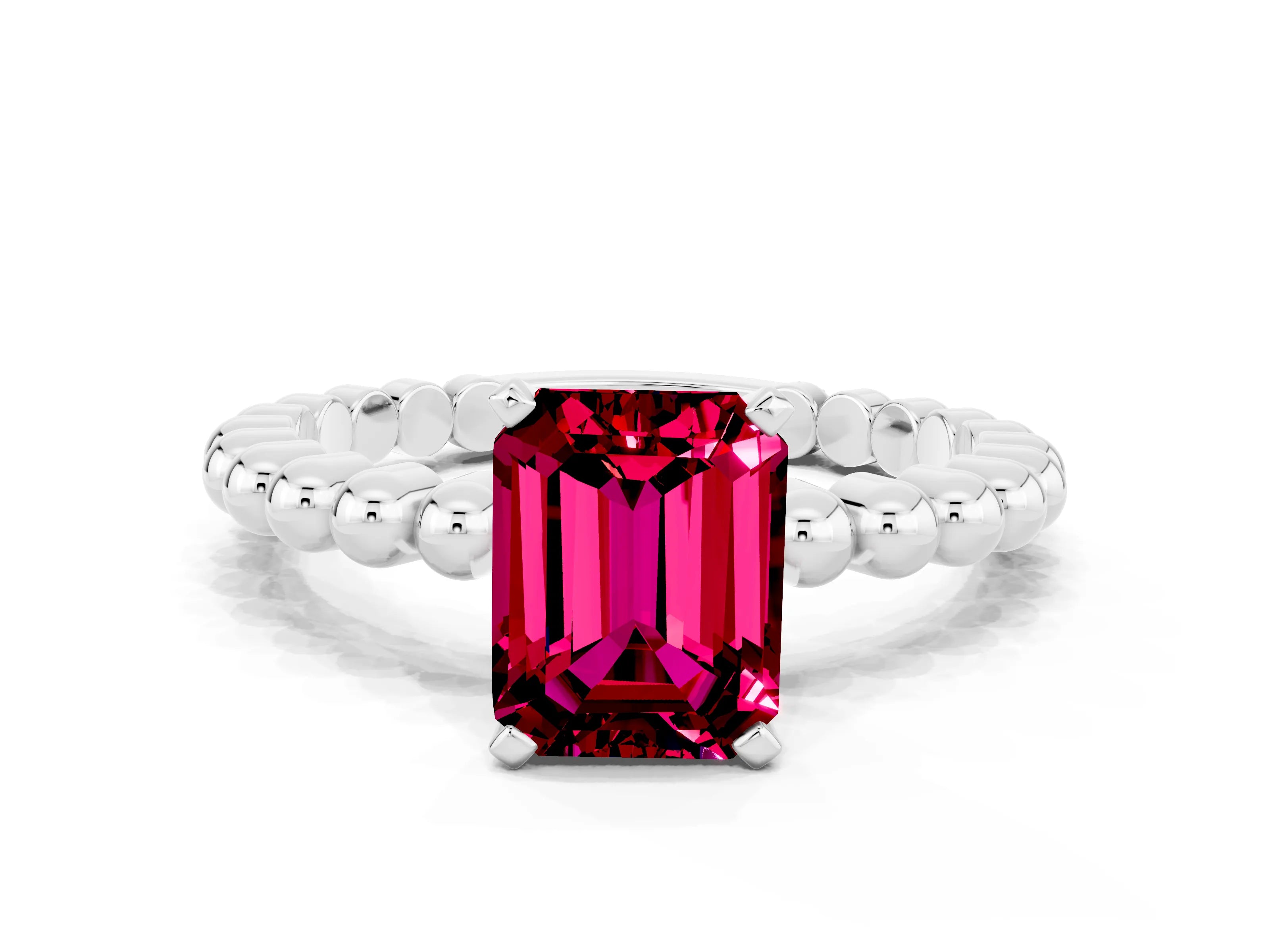 White gold Emerald Cut Garnet Solitaire Ring with Beaded Band and Prong Setting