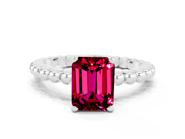 Platinum Emerald Cut Garnet Solitaire Ring with Beaded Band and Prong Setting