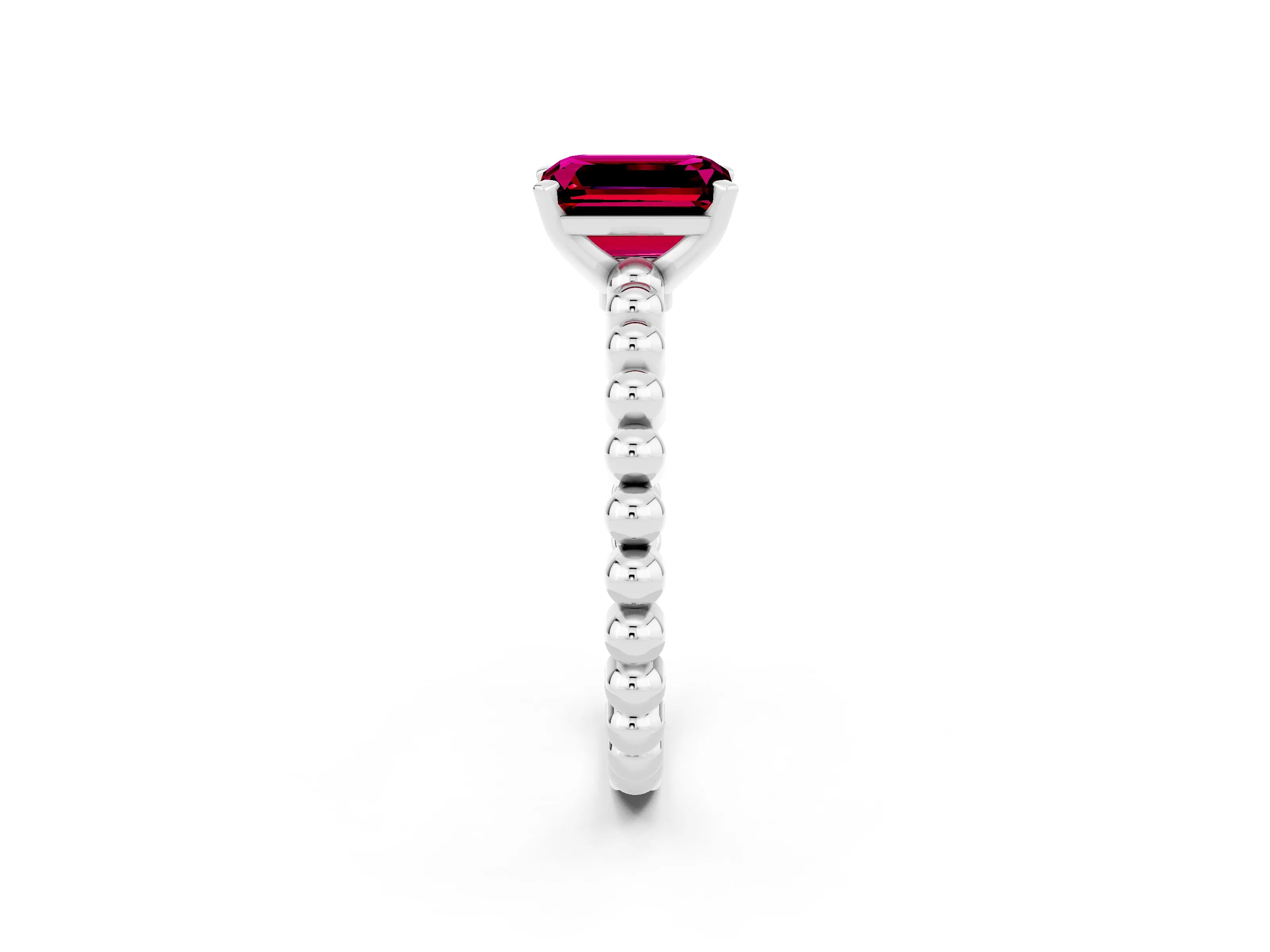 White gold Emerald Cut Garnet Solitaire Ring with Beaded Band and Prong Setting_14
