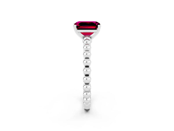 White gold Emerald Cut Garnet Solitaire Ring with Beaded Band and Prong Setting
