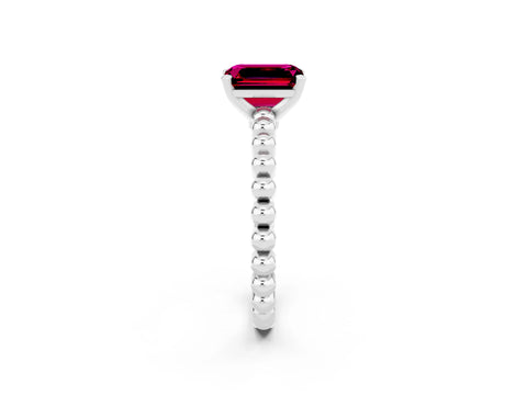 White gold Emerald Cut Garnet Solitaire Ring with Beaded Band and Prong Setting_14