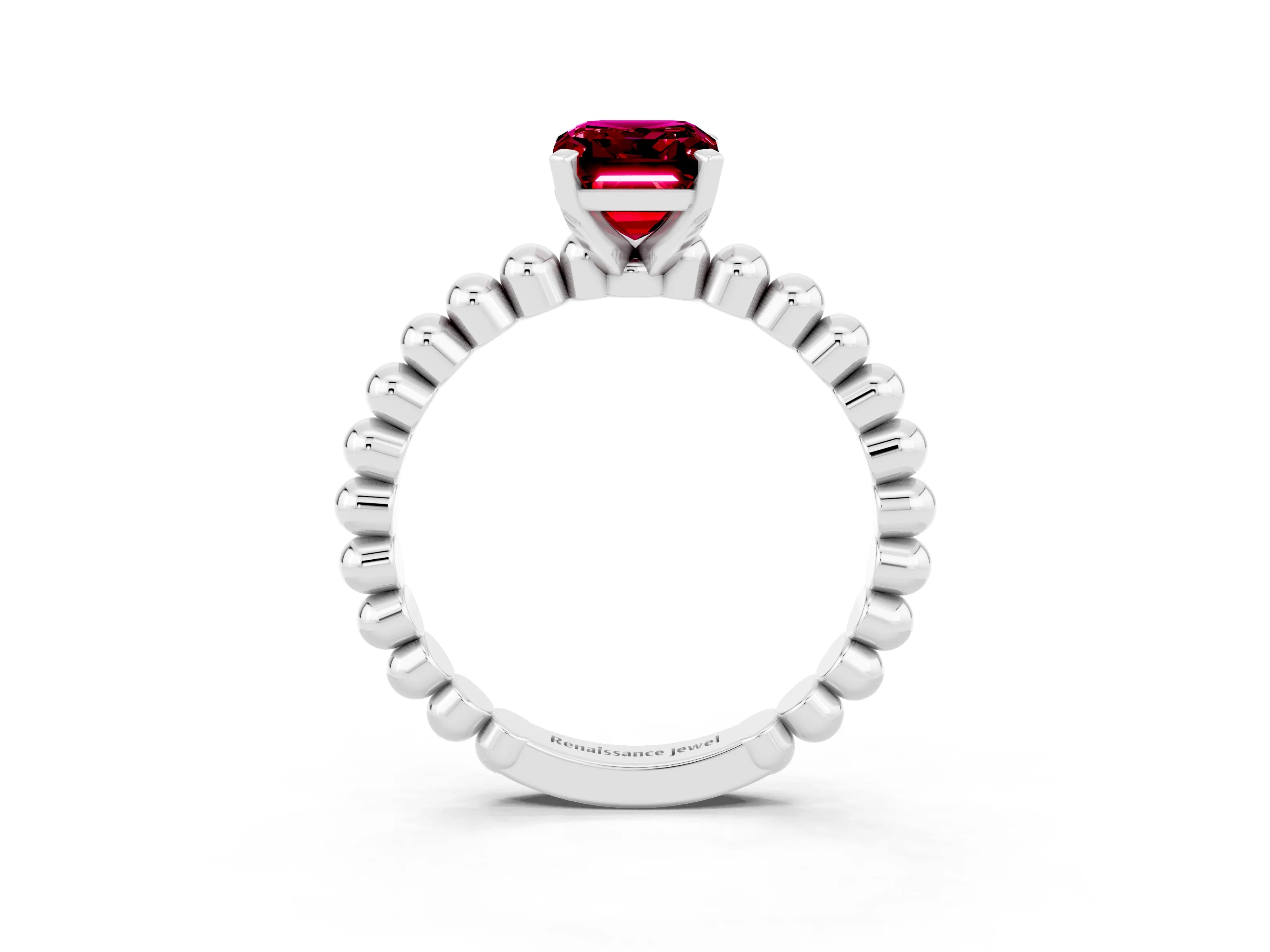 White gold Emerald Cut Garnet Solitaire Ring with Beaded Band and Prong Setting_15