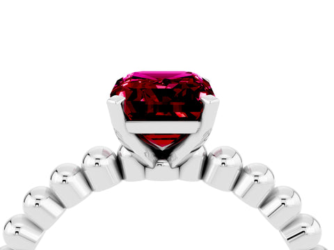White gold Emerald Cut Garnet Solitaire Ring with Beaded Band and Prong Setting_16