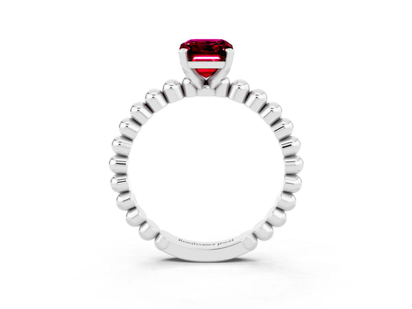 Platinum Emerald Cut Garnet Solitaire Ring with Beaded Band and Prong Setting
