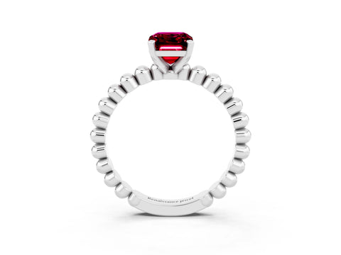 White gold Emerald Cut Garnet Solitaire Ring with Beaded Band and Prong Setting_3