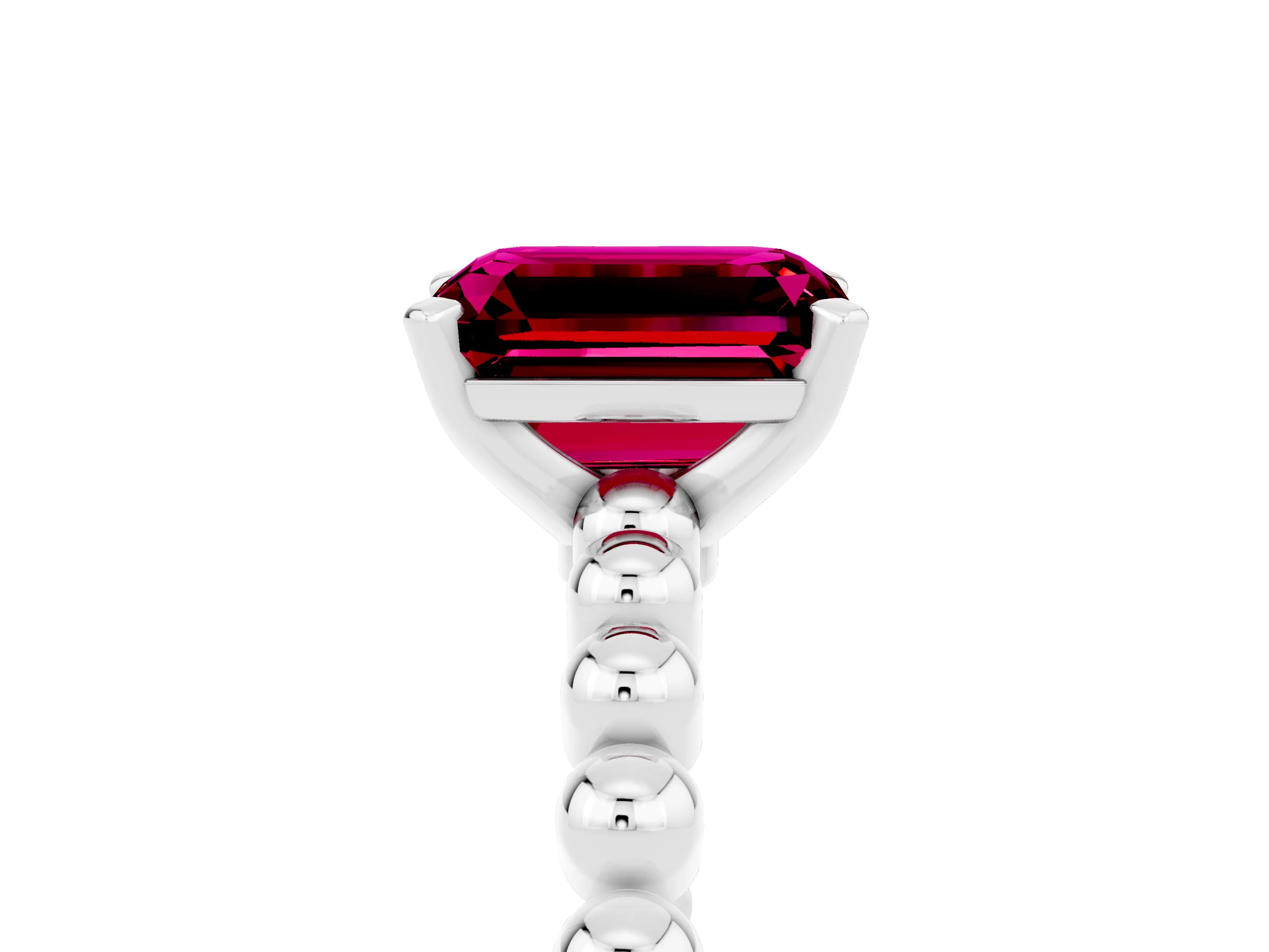 White gold Emerald Cut Garnet Solitaire Ring with Beaded Band and Prong Setting_5