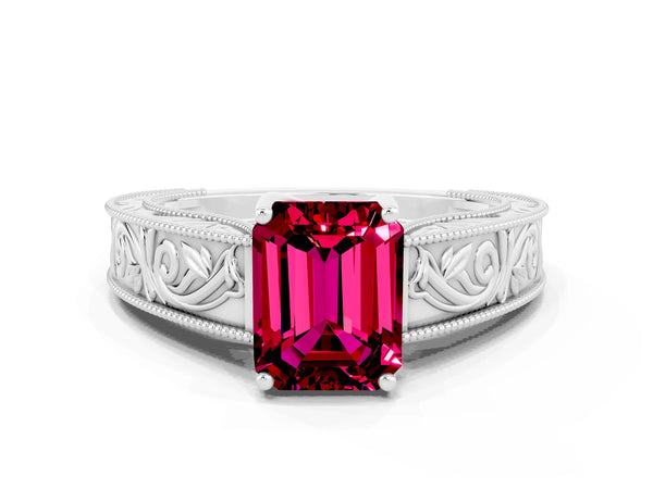 Platinum Emerald Cut Garnet Solitaire Ring with Engraved Band and Four-Prong Setting