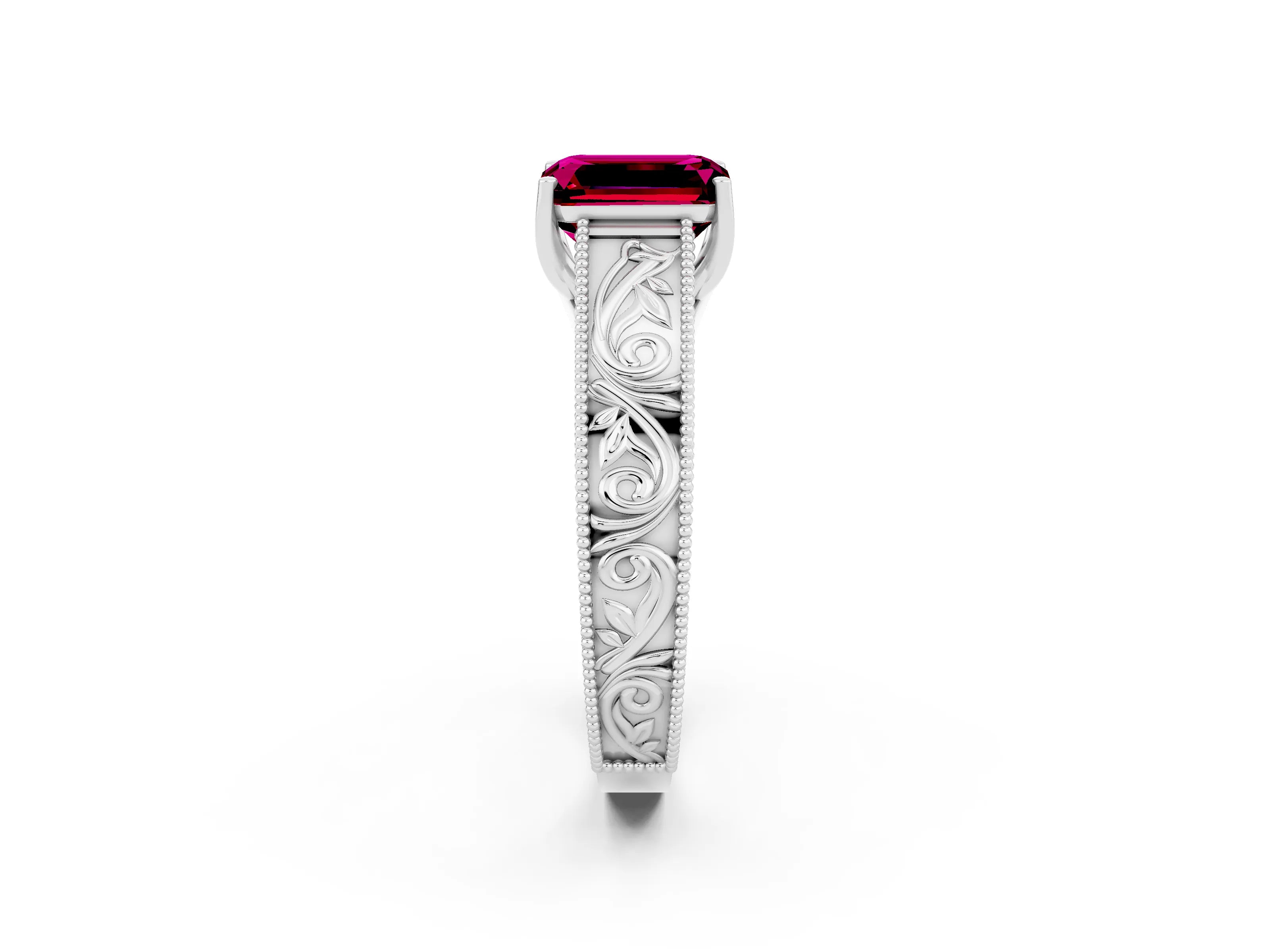 White gold Emerald Cut Garnet Solitaire Ring with Engraved Band and Four-Prong Setting_2