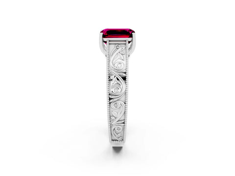 White gold Emerald Cut Garnet Solitaire Ring with Engraved Band and Four-Prong Setting_2