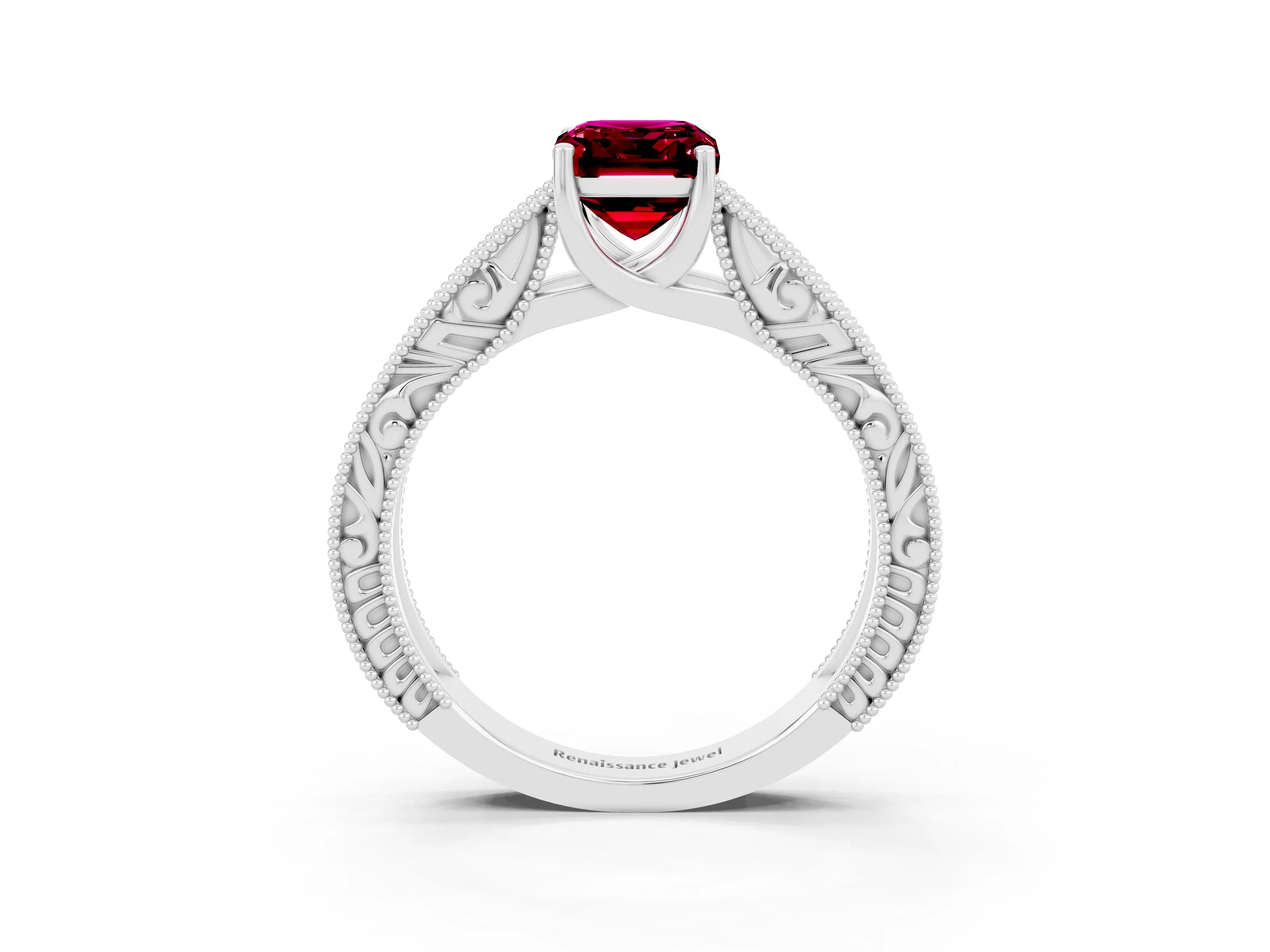 White gold Emerald Cut Garnet Solitaire Ring with Engraved Band and Four-Prong Setting_3