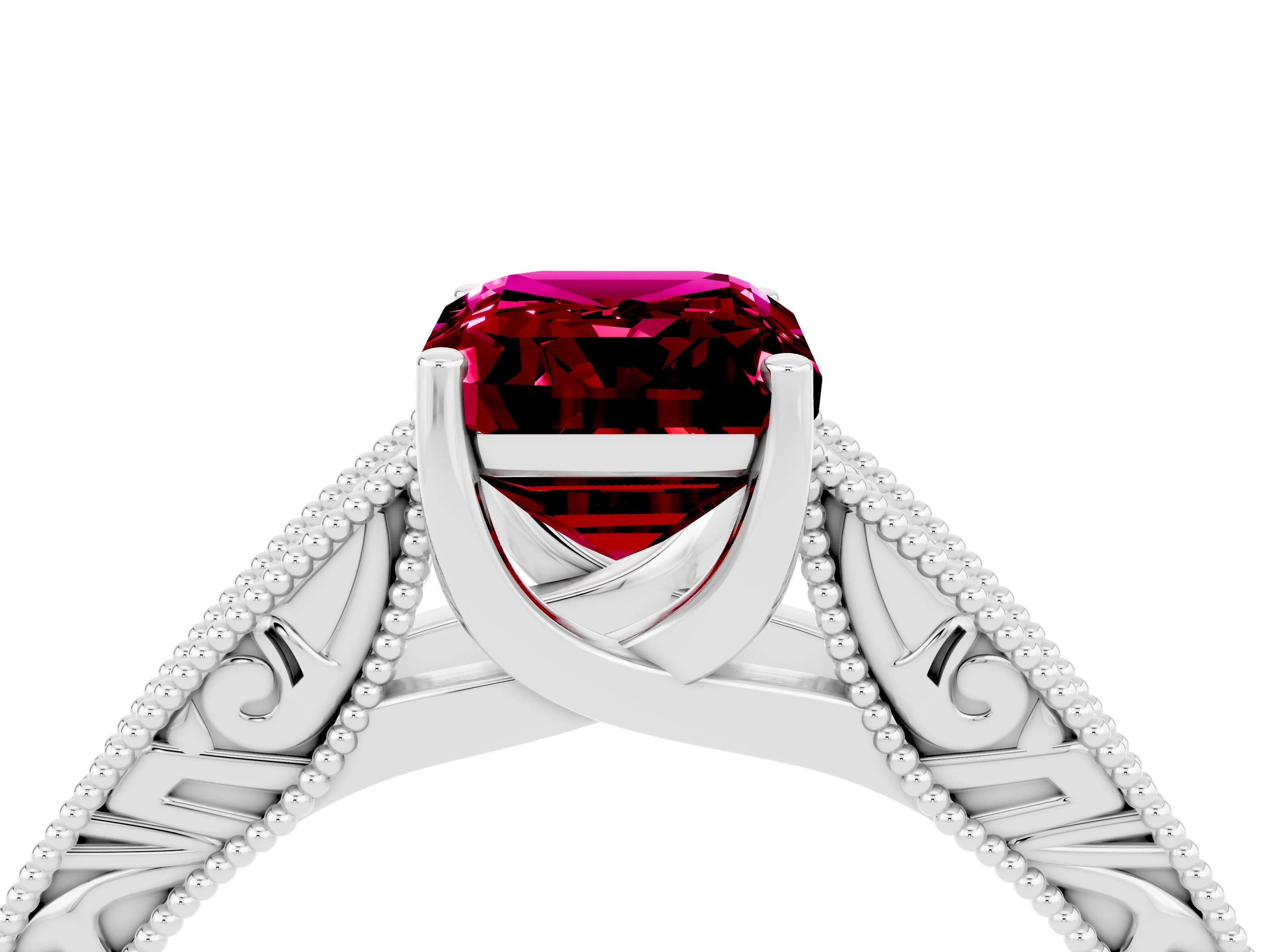 White gold Emerald Cut Garnet Solitaire Ring with Engraved Band and Four-Prong Setting_4