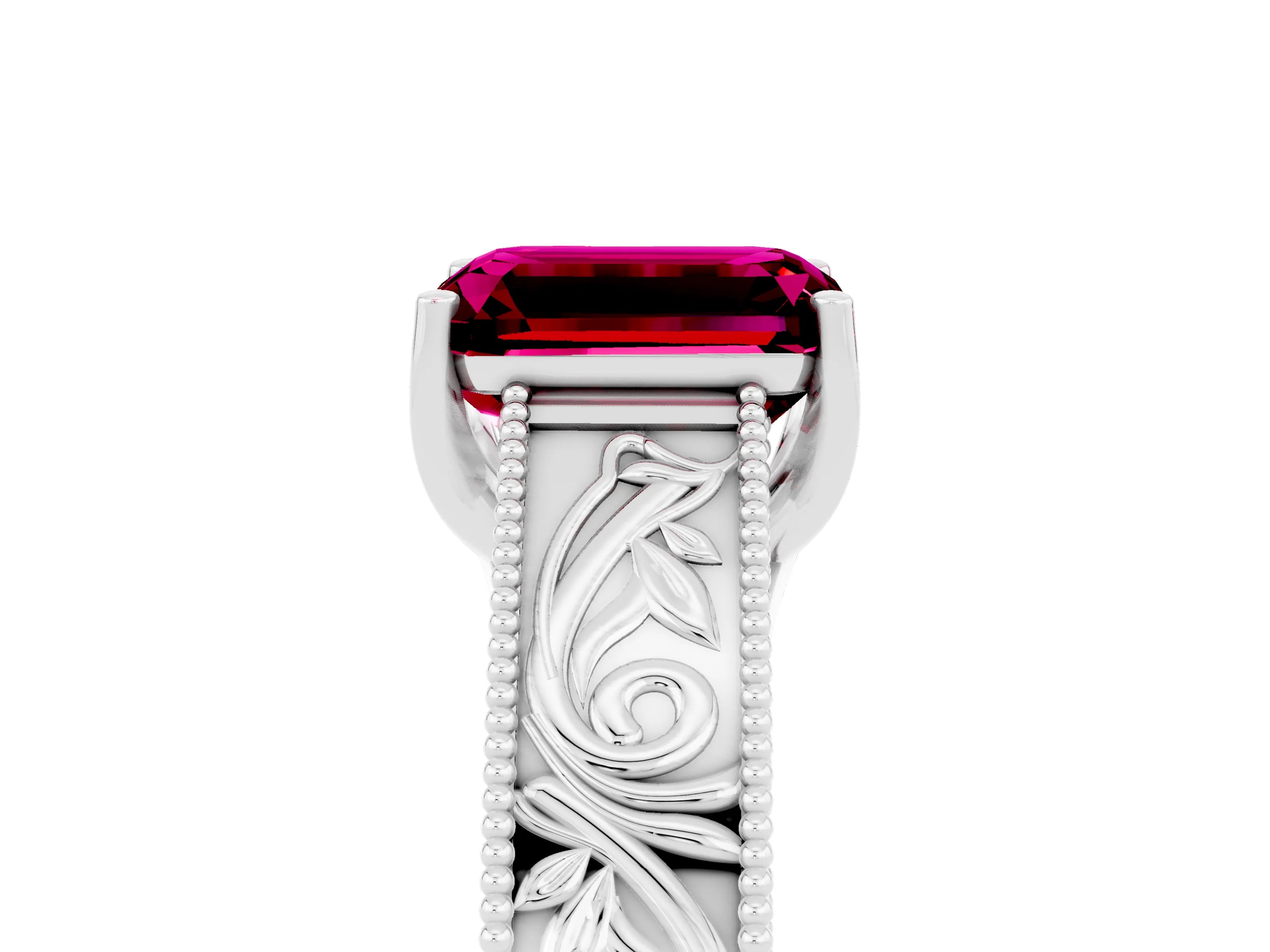 White gold Emerald Cut Garnet Solitaire Ring with Engraved Band and Four-Prong Setting_5