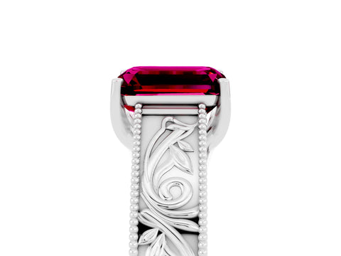 White gold Emerald Cut Garnet Solitaire Ring with Engraved Band and Four-Prong Setting_5