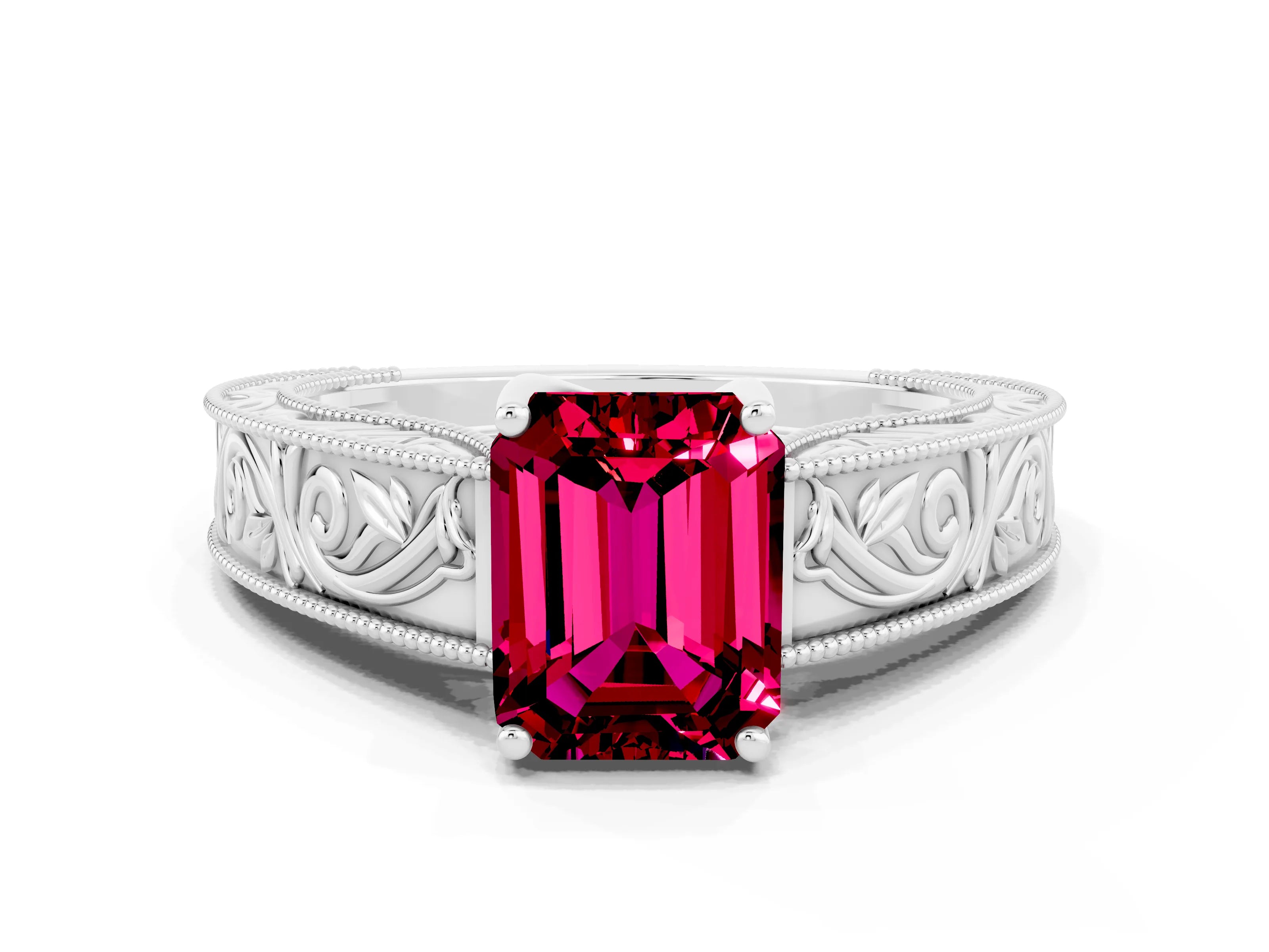 White gold Emerald Cut Garnet Solitaire Ring with Engraved Band and Four-Prong Setting