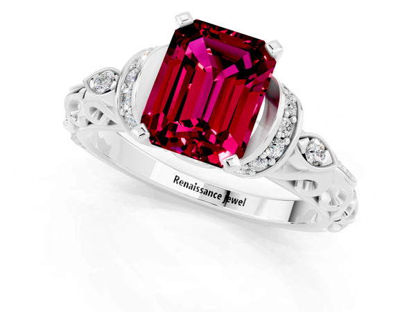White gold Emerald Cut Garnet Solitaire Ring with Filigree Band and Four-Prong Setting