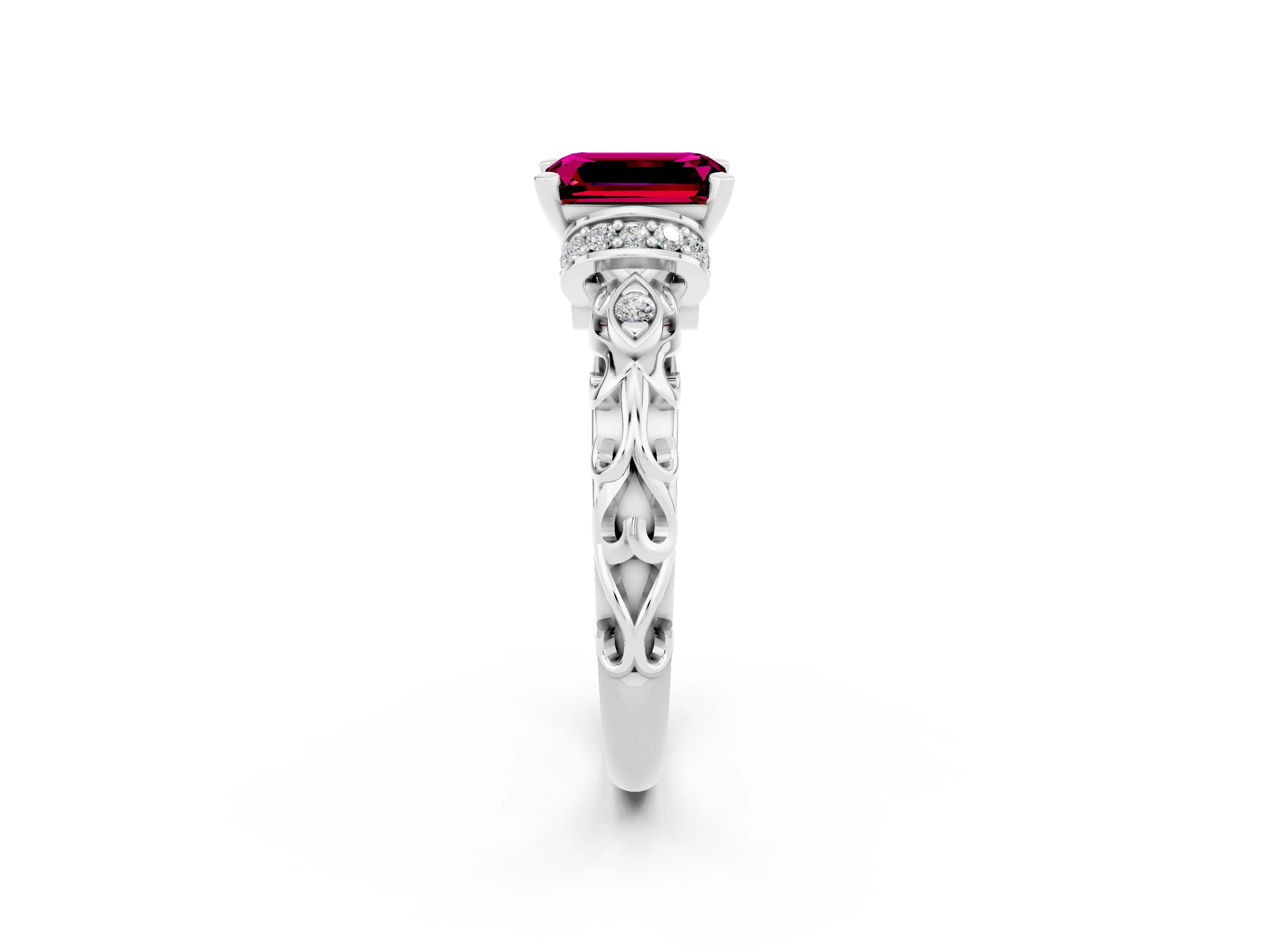 White gold Emerald Cut Garnet Solitaire Ring with Filigree Band and Four-Prong Setting_44