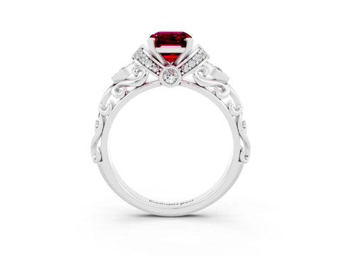 White gold Emerald Cut Garnet Solitaire Ring with Filigree Band and Four-Prong Setting_45