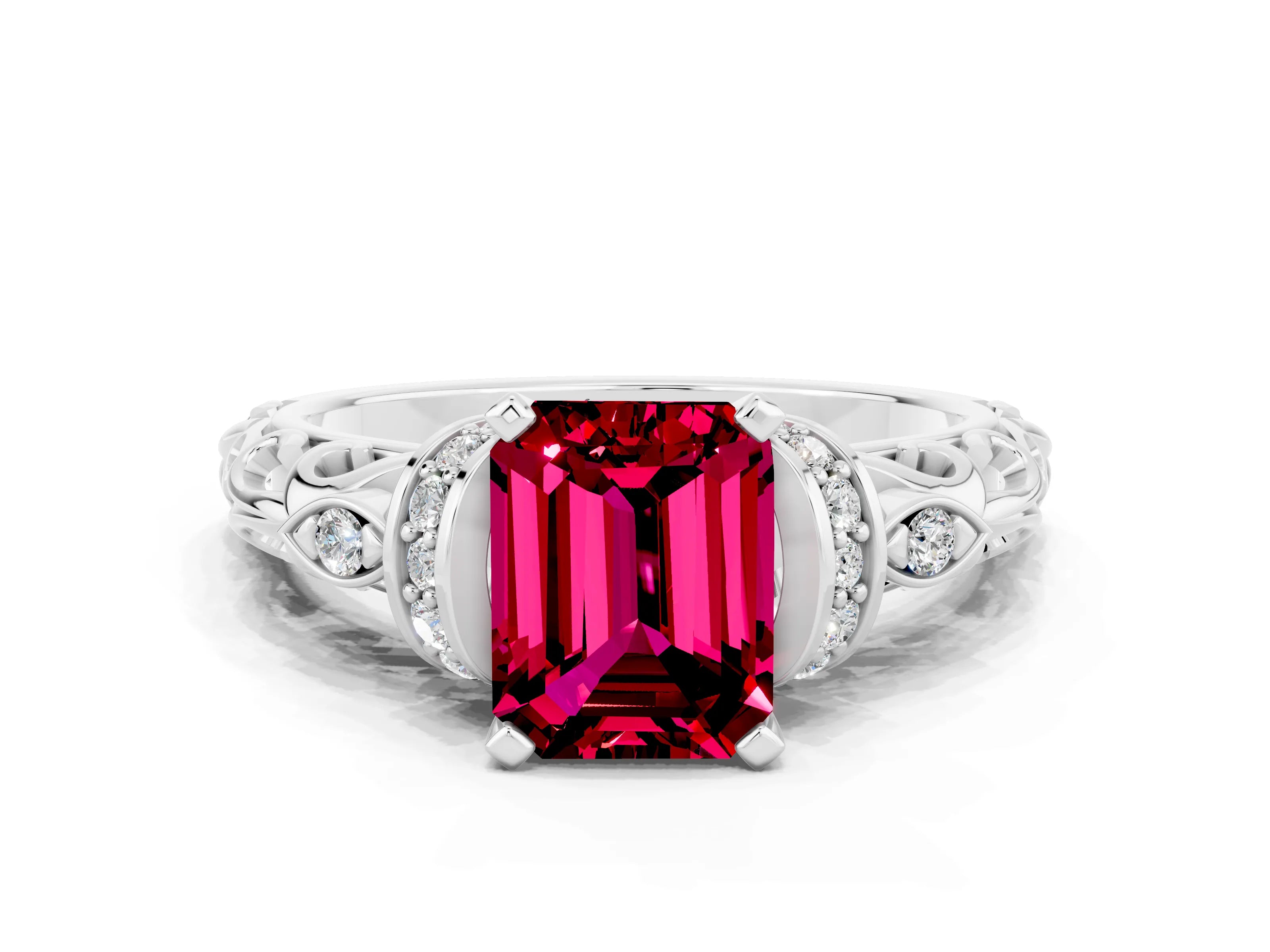 White gold Emerald Cut Garnet Solitaire Ring with Filigree Band and Four-Prong Setting_46