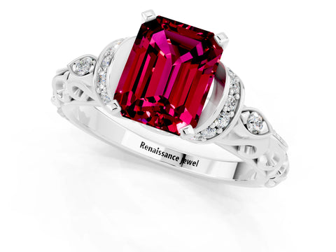 White gold Emerald Cut Garnet Solitaire Ring with Filigree Band and Four-Prong Setting_47