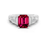 White gold Emerald Cut Garnet Solitaire Ring with Filigree Band and Four-Prong Setting_48