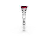 White gold Emerald Cut Garnet Solitaire Ring with Filigree Band and Four-Prong Setting_48