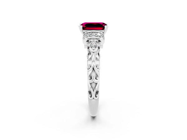 Silver Emerald Cut Garnet Solitaire Ring with Filigree Band and Four-Prong Setting