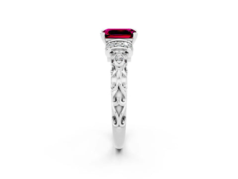 White gold Emerald Cut Garnet Solitaire Ring with Filigree Band and Four-Prong Setting_48