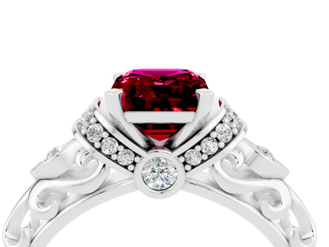 White gold Emerald Cut Garnet Solitaire Ring with Filigree Band and Four-Prong Setting_50