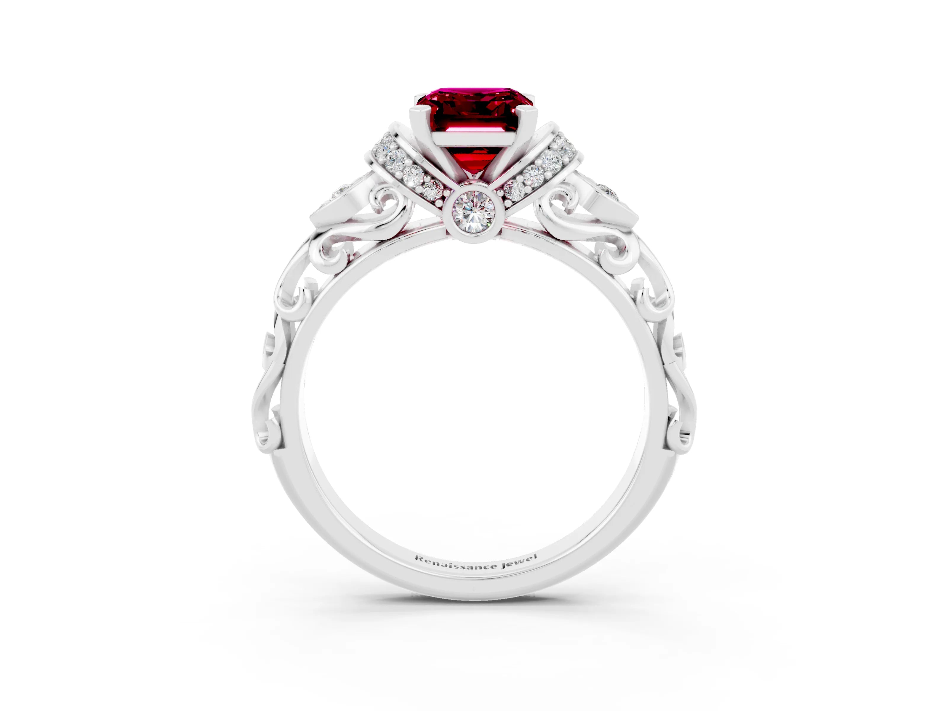 White gold Emerald Cut Garnet Solitaire Ring with Filigree Band and Four-Prong Setting_51