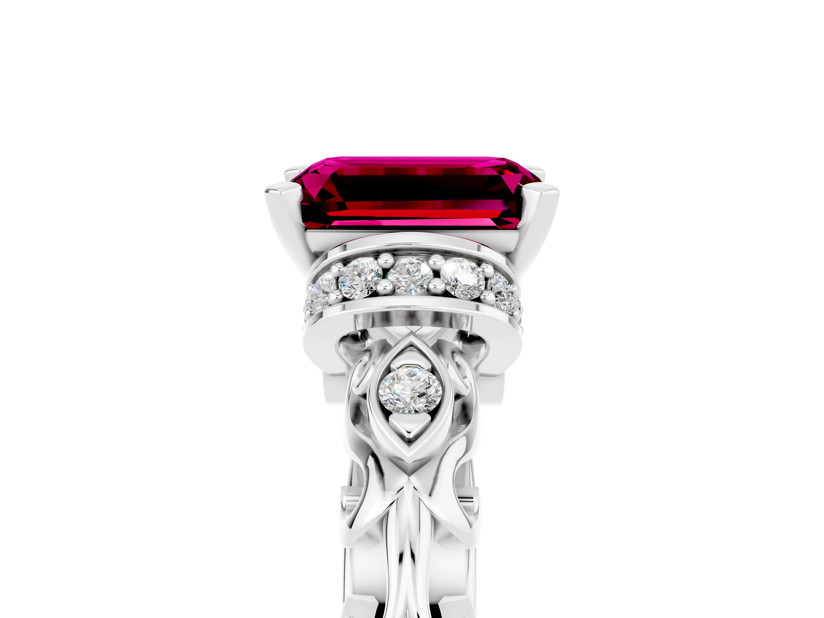 White gold Emerald Cut Garnet Solitaire Ring with Filigree Band and Four-Prong Setting_53