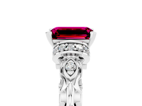 White gold Emerald Cut Garnet Solitaire Ring with Filigree Band and Four-Prong Setting_53