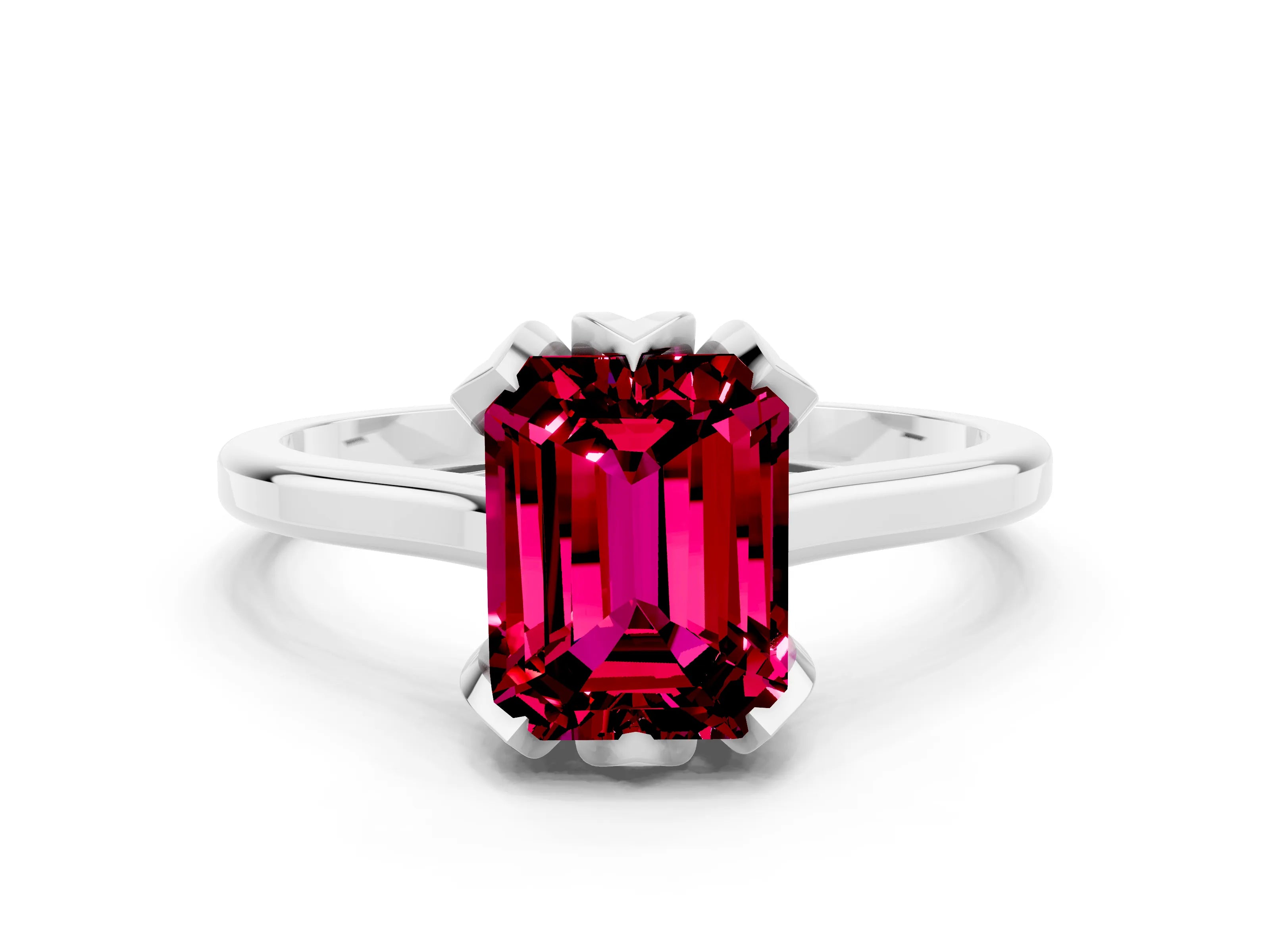 White gold Emerald Cut Garnet Solitaire Ring with Flower Prong Setting and Classic Band_12