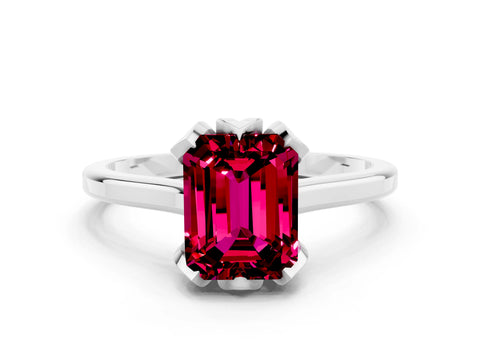 White gold Emerald Cut Garnet Solitaire Ring with Flower Prong Setting and Classic Band_12