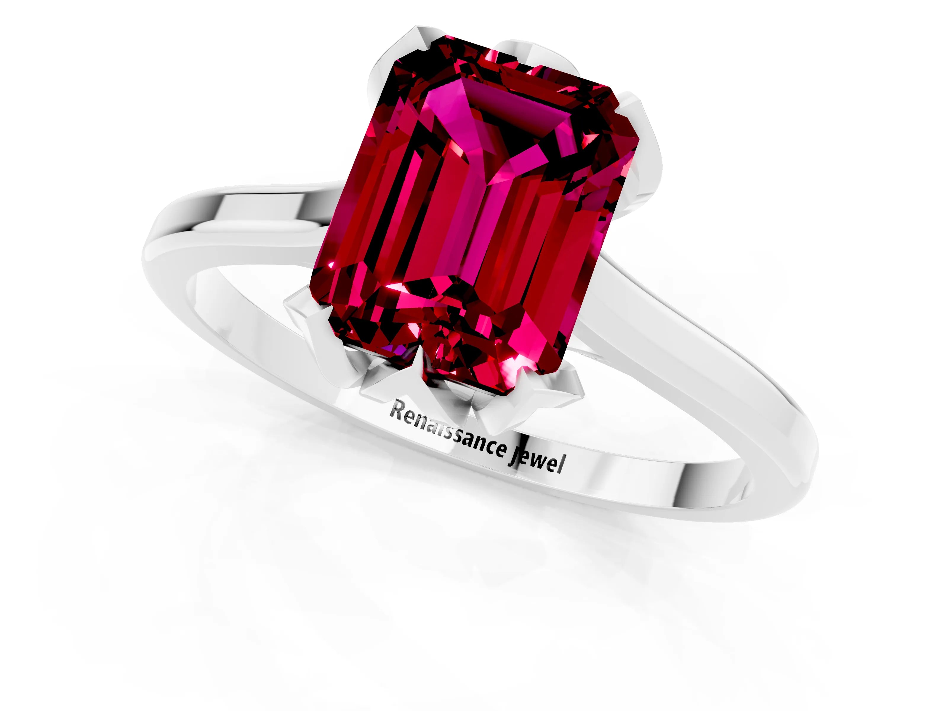 White gold Emerald Cut Garnet Solitaire Ring with Flower Prong Setting and Classic Band_13