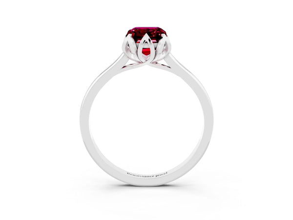 Platinum Emerald Cut Garnet Solitaire Ring with Flower Prong Setting and Classic Band