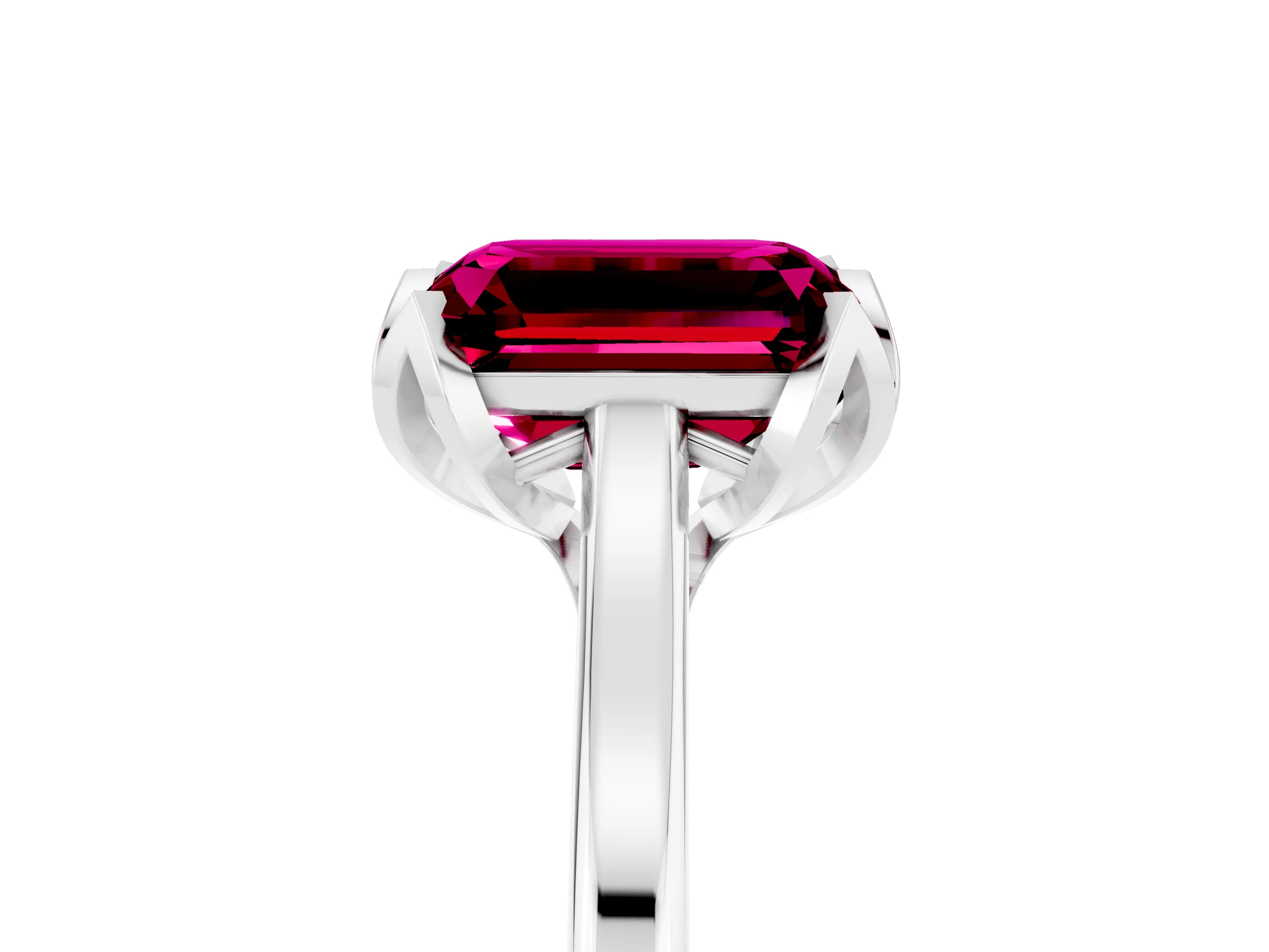 White gold Emerald Cut Garnet Solitaire Ring with Flower Prong Setting and Classic Band_17