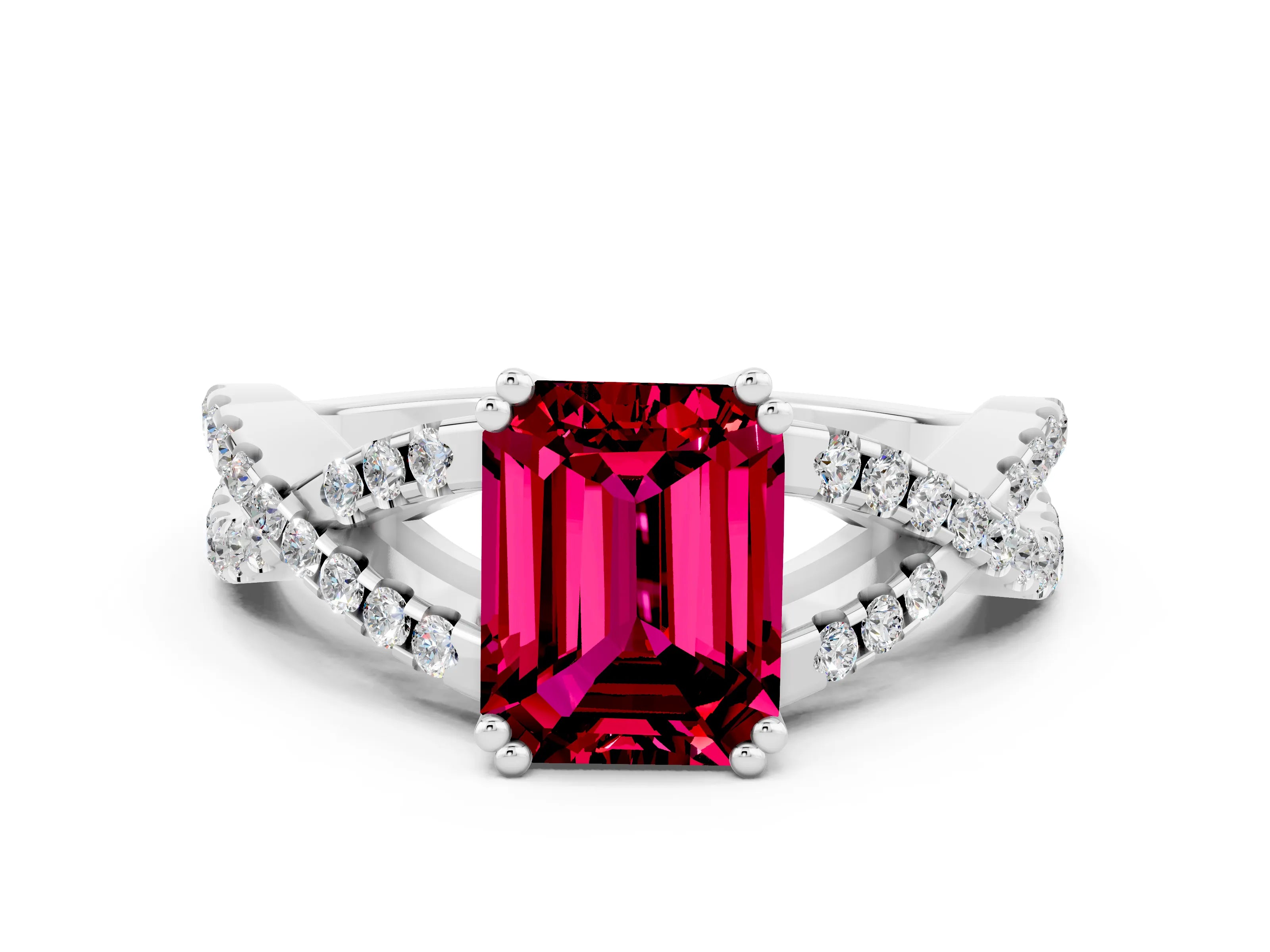 White gold Emerald Cut Garnet Solitaire Ring with Four-Prong Setting and Twisted Pavé Band
