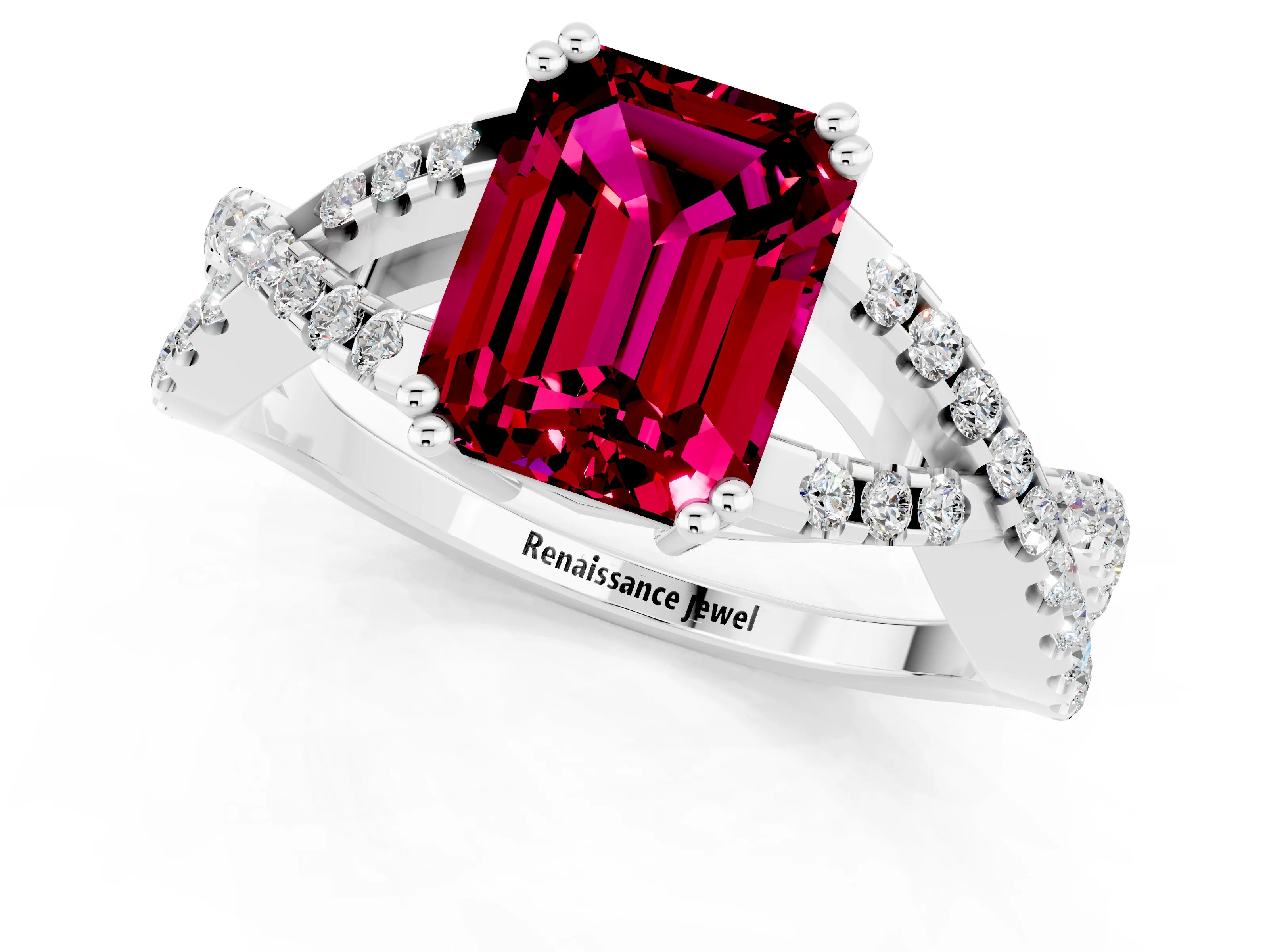 White gold Emerald Cut Garnet Solitaire Ring with Four-Prong Setting and Twisted Pavé Band_1