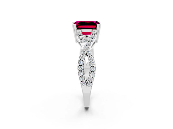 White gold Emerald Cut Garnet Solitaire Ring with Four-Prong Setting and Twisted Pavé Band
