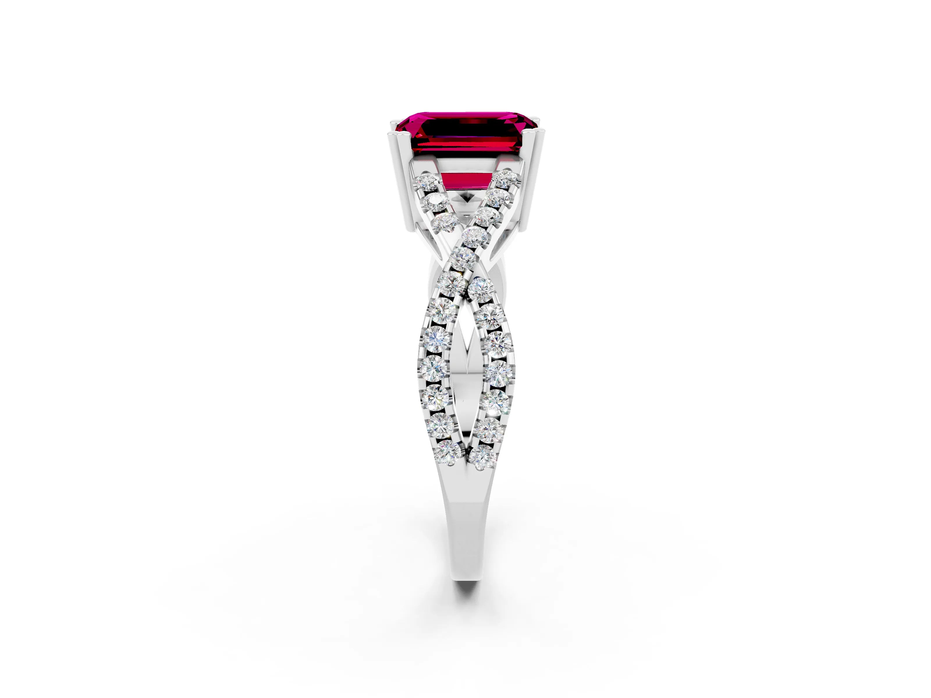 White gold Emerald Cut Garnet Solitaire Ring with Four-Prong Setting and Twisted Pavé Band_2