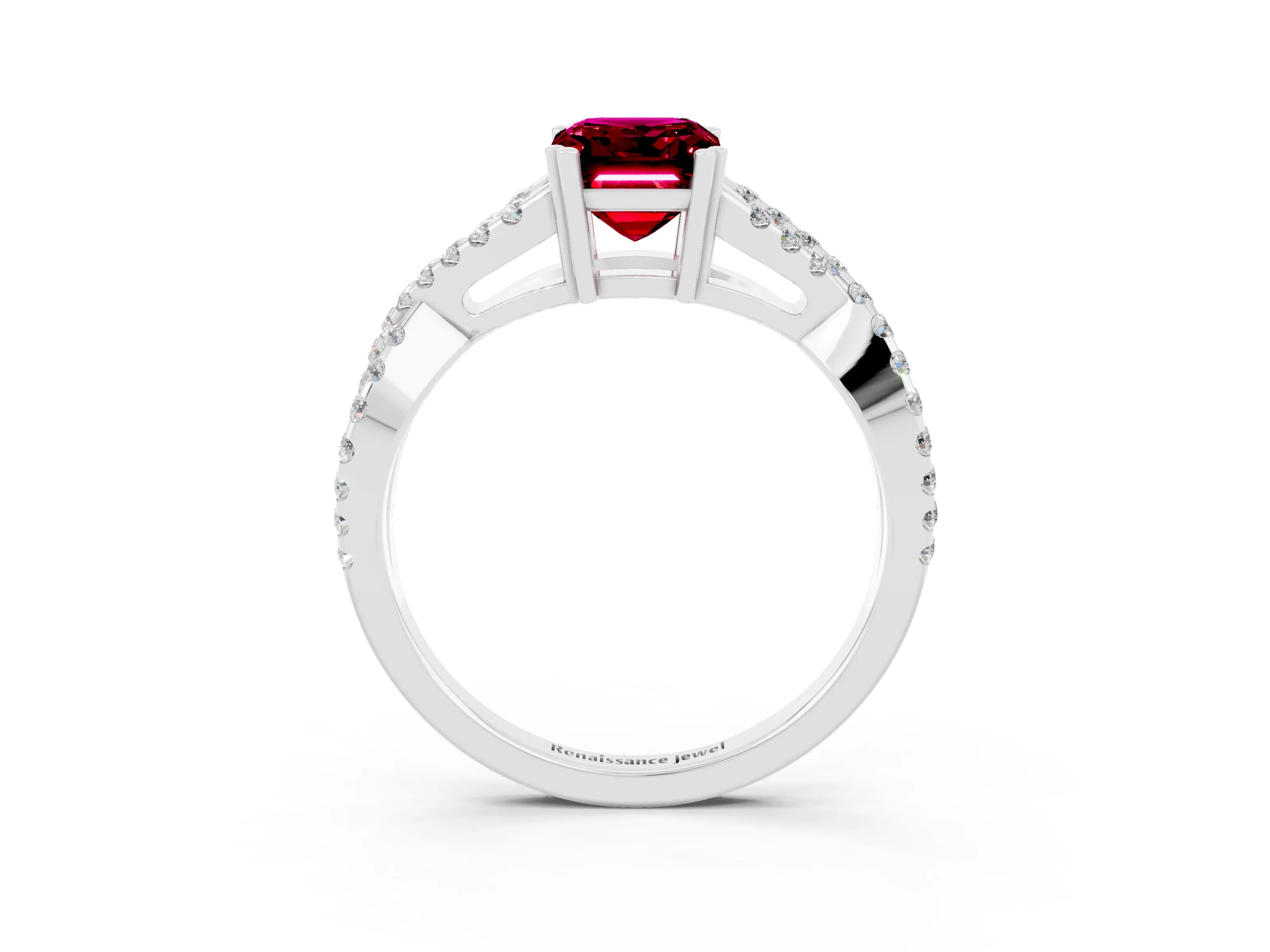 White gold Emerald Cut Garnet Solitaire Ring with Four-Prong Setting and Twisted Pavé Band_3