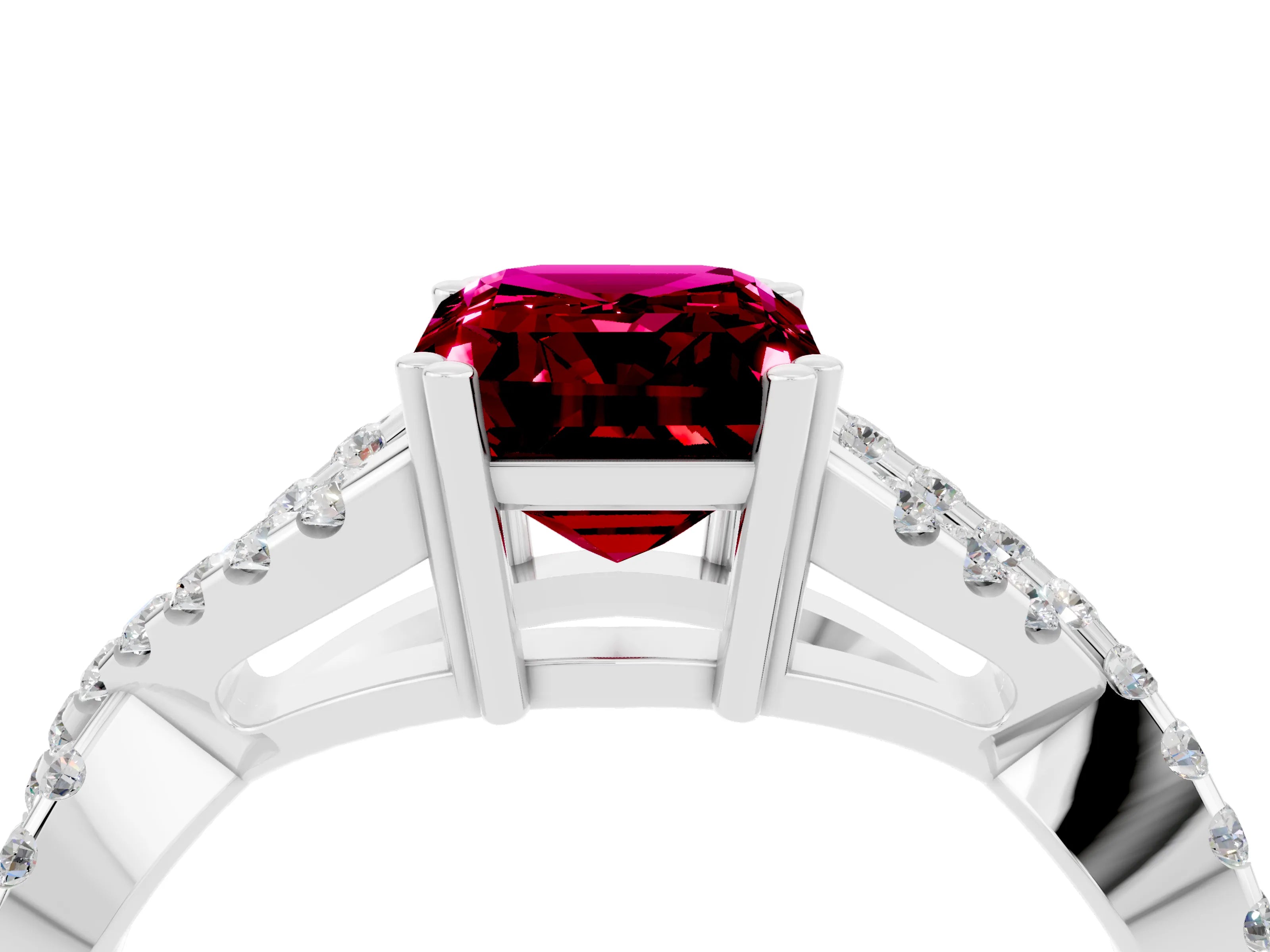 White gold Emerald Cut Garnet Solitaire Ring with Four-Prong Setting and Twisted Pavé Band_4