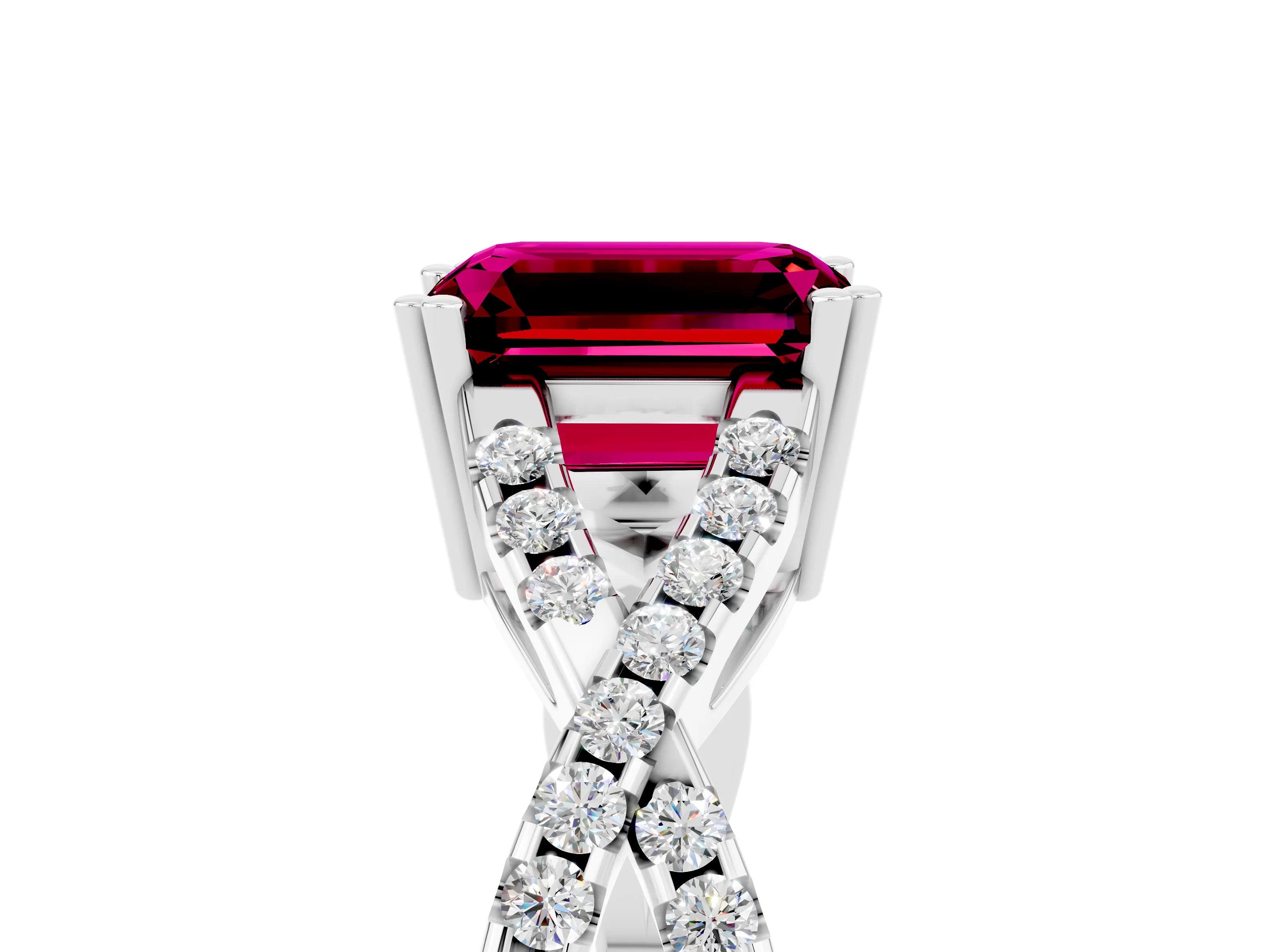 White gold Emerald Cut Garnet Solitaire Ring with Four-Prong Setting and Twisted Pavé Band_5