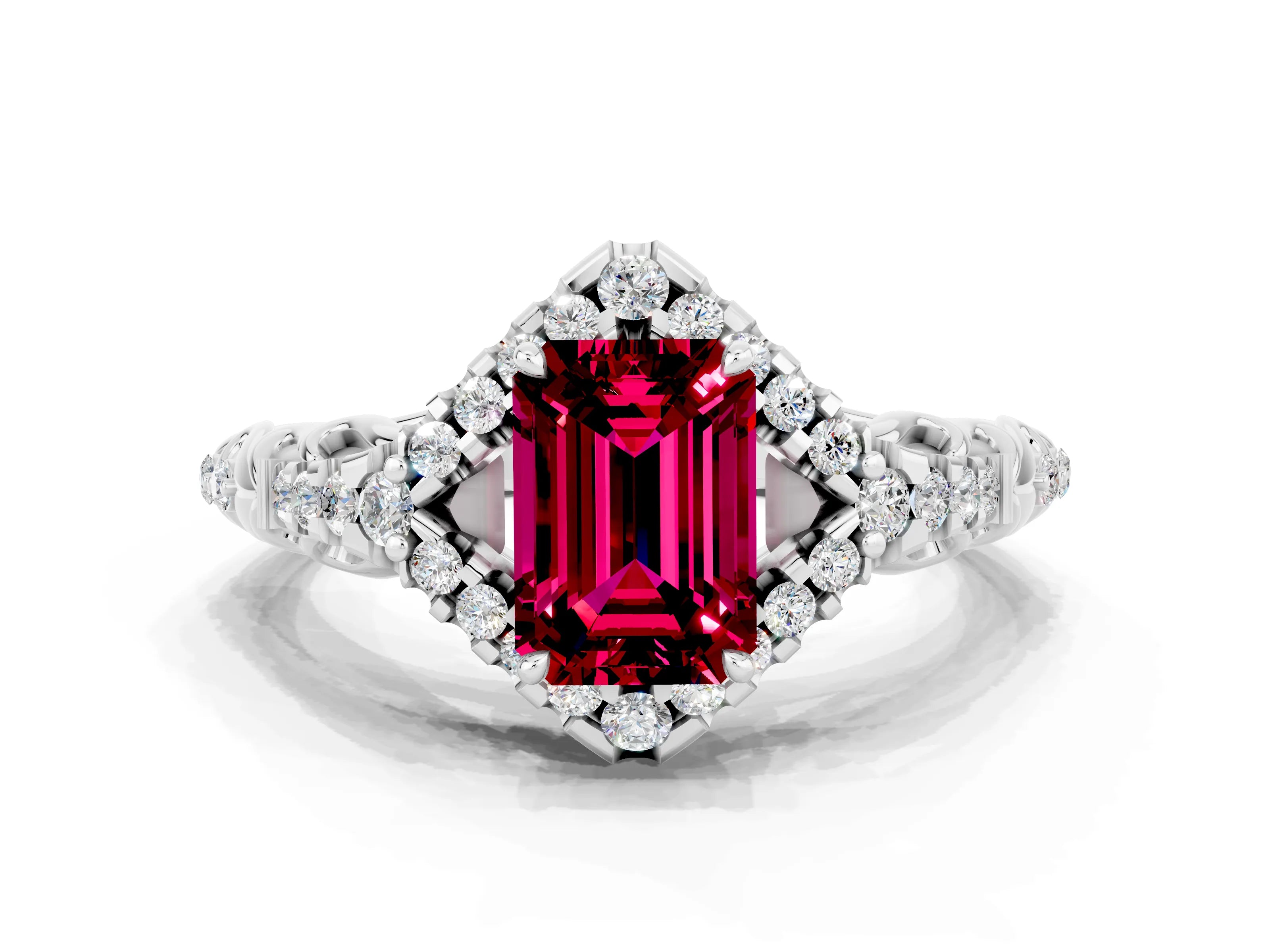 White gold Emerald Cut Garnet Solitaire Ring with Hidden Halo and Pavé Band_12