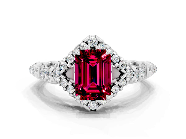White gold Emerald Cut Garnet Solitaire Ring with Hidden Halo and Pavé Band